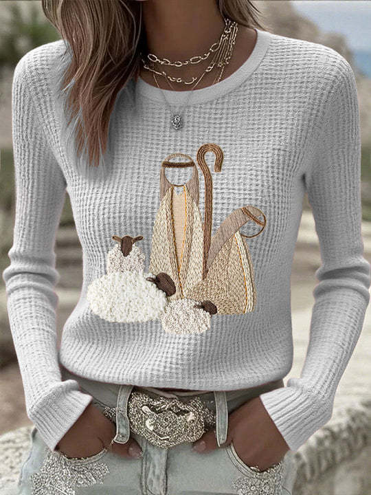 Women's Versatile Casual Blended Jacquard Embroidered Long-sleeve Sweater