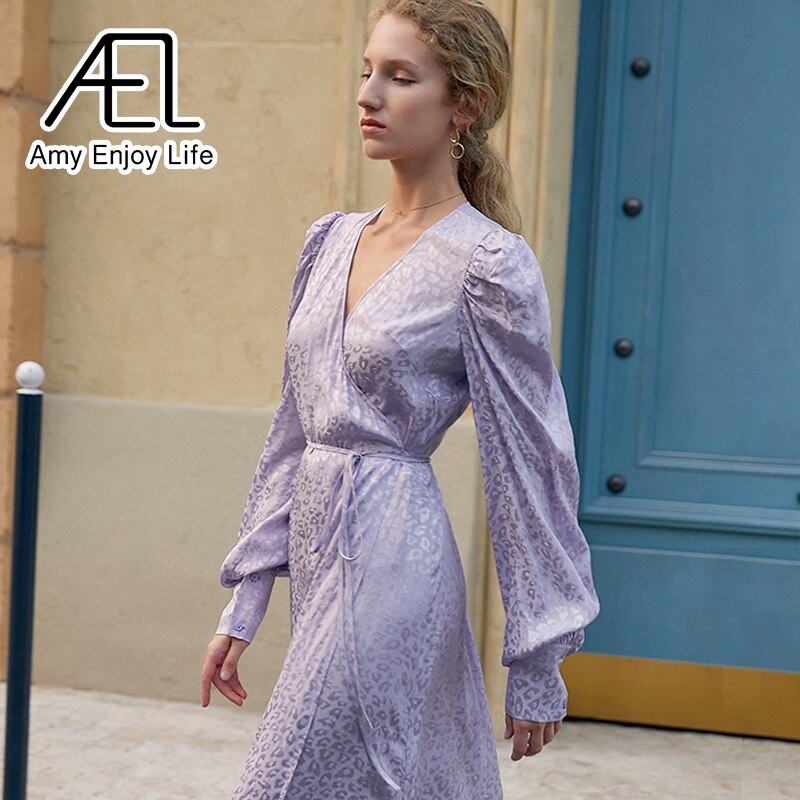 AEL Summer Wrap Dress Satin V-Neck Loose Waist Lace Up Ladies Long Streetwear Violet And Rose Red Pajama Look