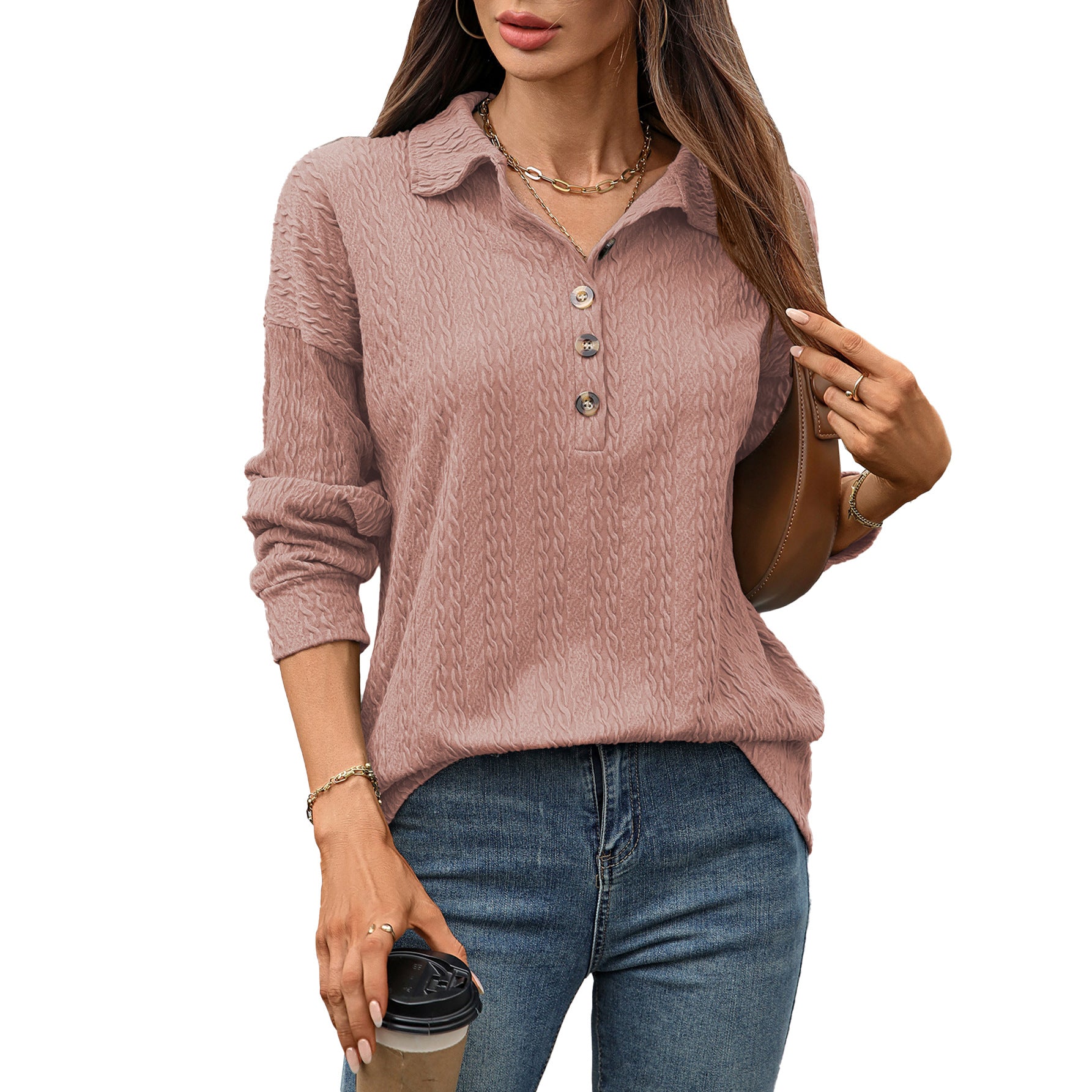 Solid Color Polo Collar Button Loose Long Sleeve Sweatershirt