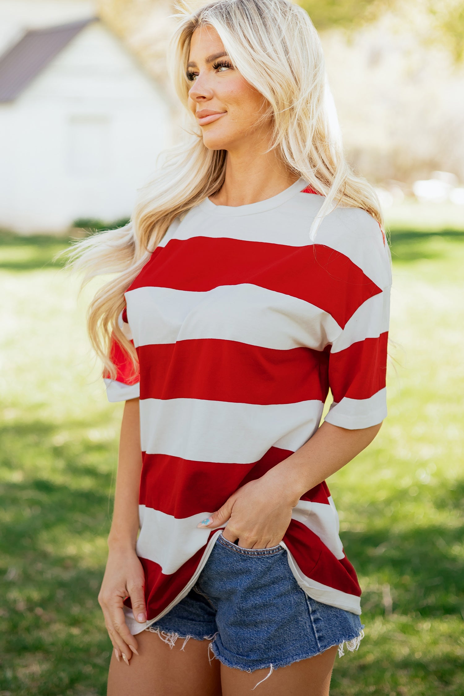 Racing Red Striped Color Block Oversize Tunic Tee