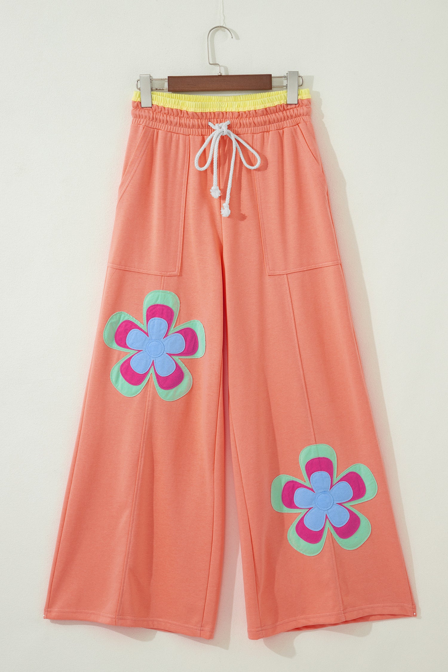 Sky Blue Color Block Flower Patchwork Drawstring Contrasted Elastic Waist Wide Leg Pants