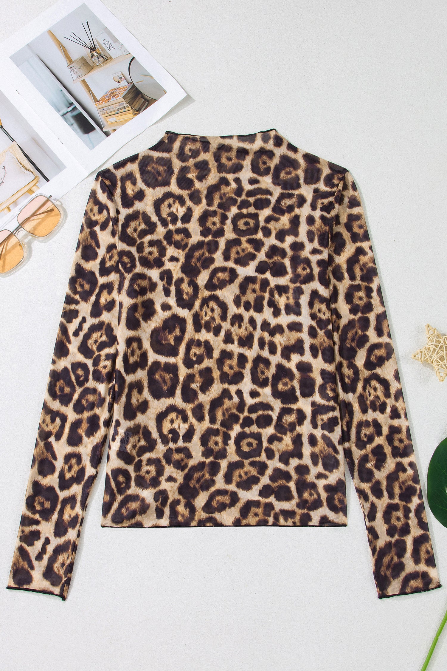 Oatmeal Western Print Slim Fit Mesh Long Sleeve Mock Neck Top