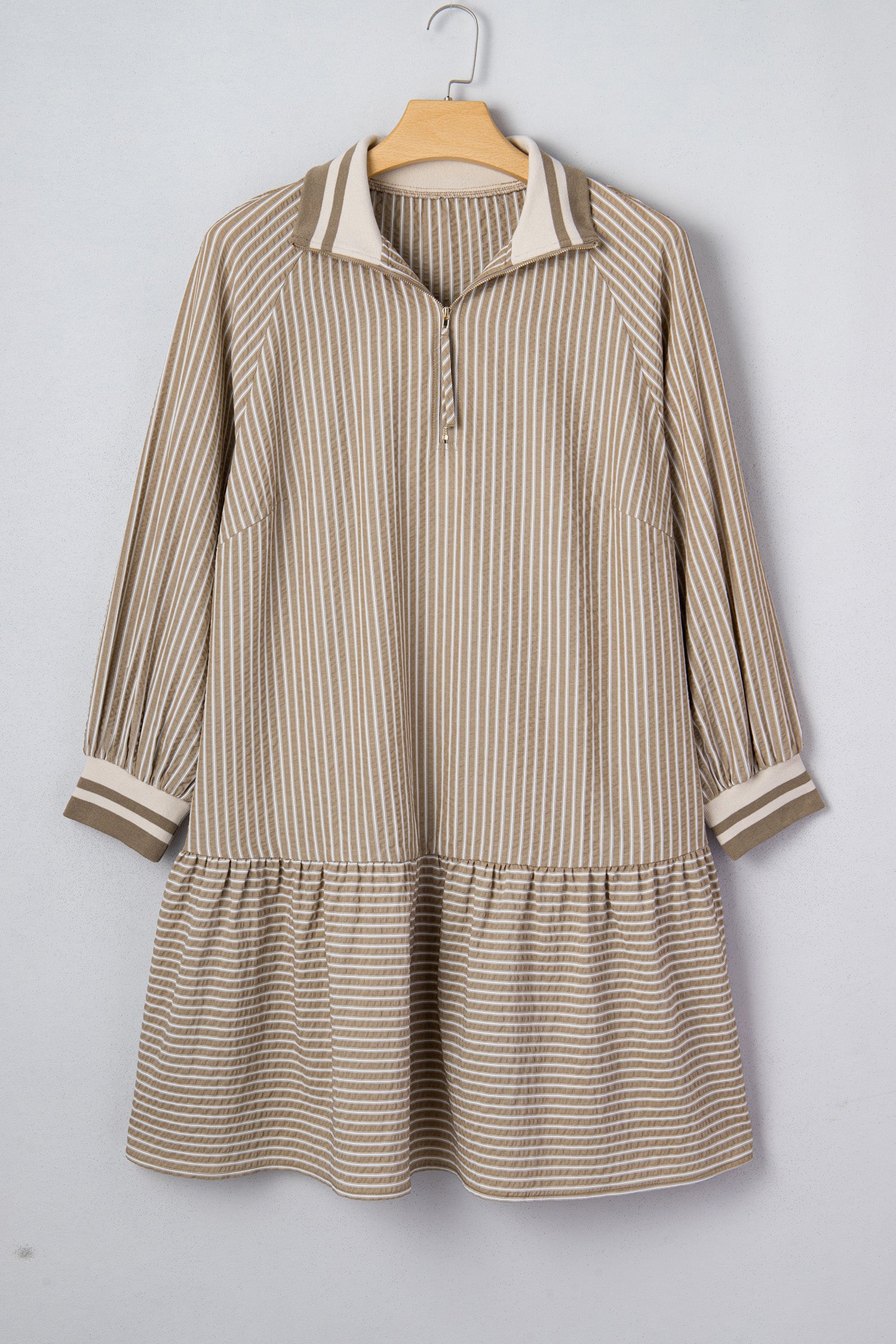 Khaki Stripe Zip up Collared Puff Sleeve Ruffled Plus Size Mini Dress