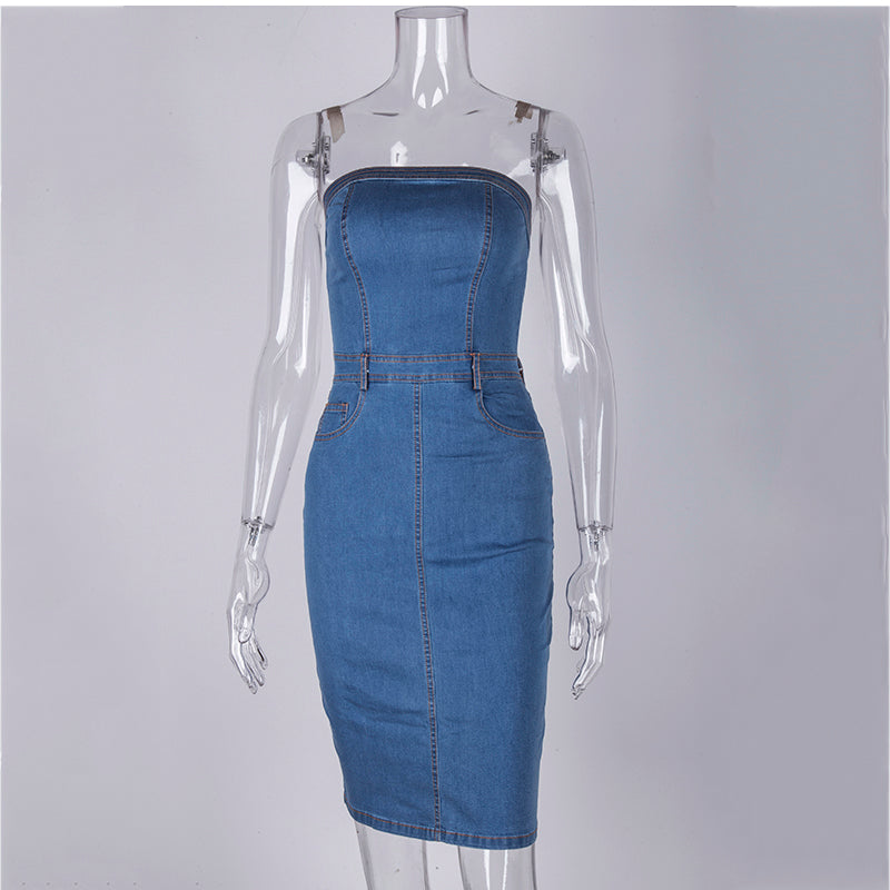 Strapless Denim Dress Women Elegant Summer Dress Sexy Party Jeans Dress Bodycon Dresses Casual Club Wear Vestido Jeans