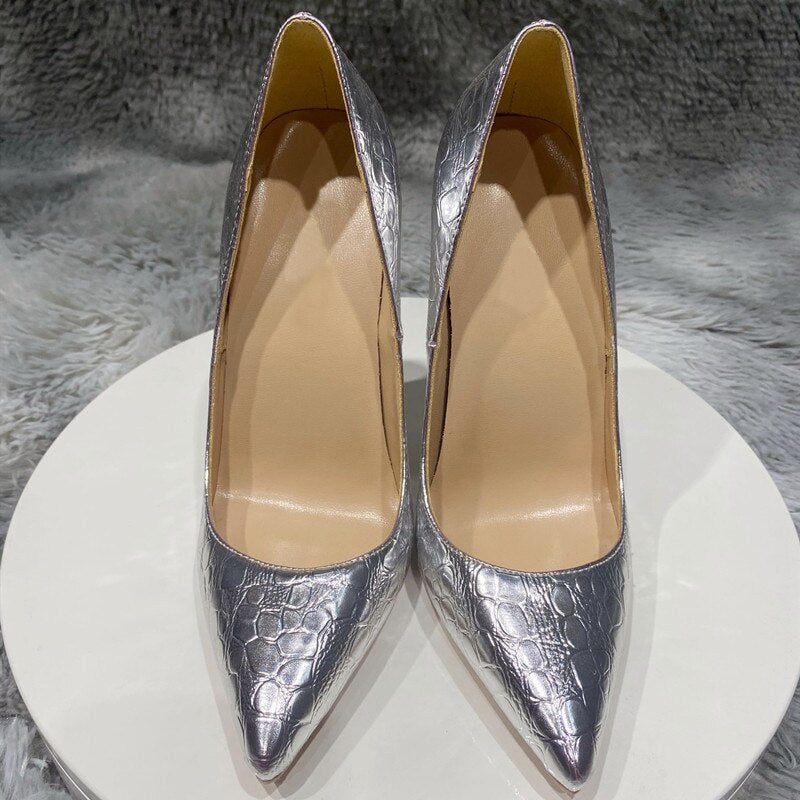 Silver Crocodile-Effect Women Sexy Pumps 8cm 10cm 12cm Pointed Toe High Heels Fashion Ladies Wedding Shoes Size 33-45