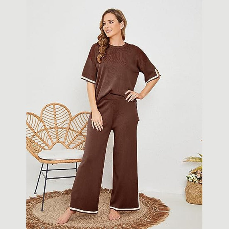Knitted suit sweater suit short sleeve pullover wide leg pants
