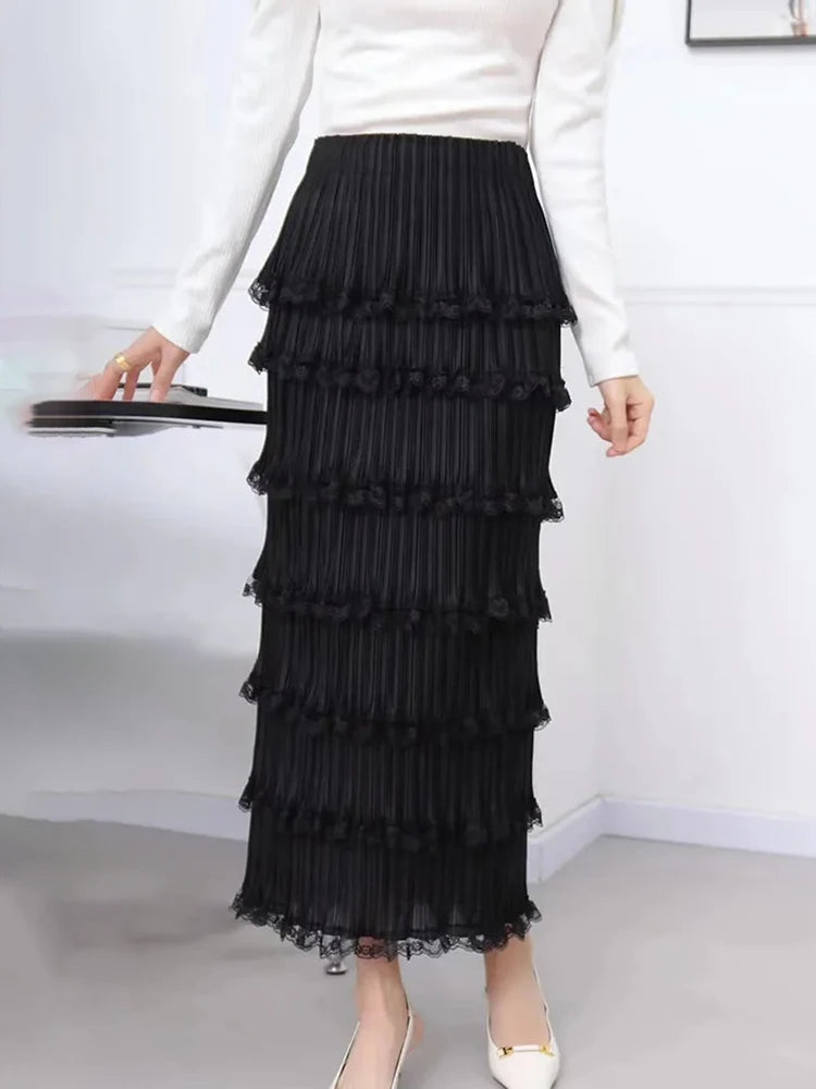 Autumn New Pleated Cake Skirt For Women High Elastic Waist Solid Color Wrap Hip Elegant Skirts Female Fashion