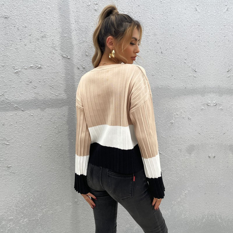 European And American Leisure Fashion Pullover Round Neck Long Sleeves Color Matching Sweater