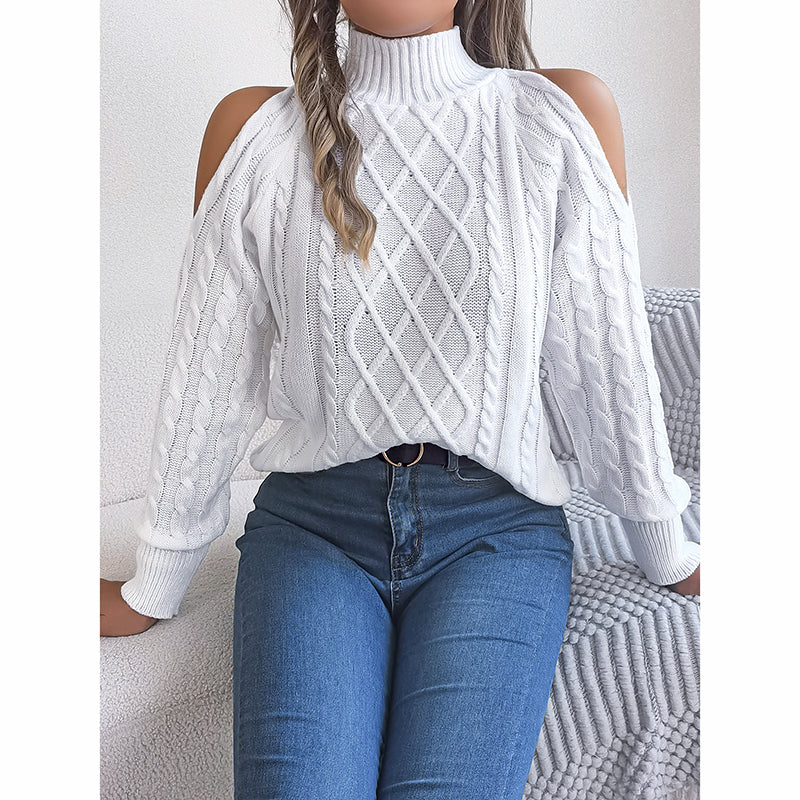 Women's Cold Shoulder Pullover - High Neck Long Sleeve Lightweight Sweater Top