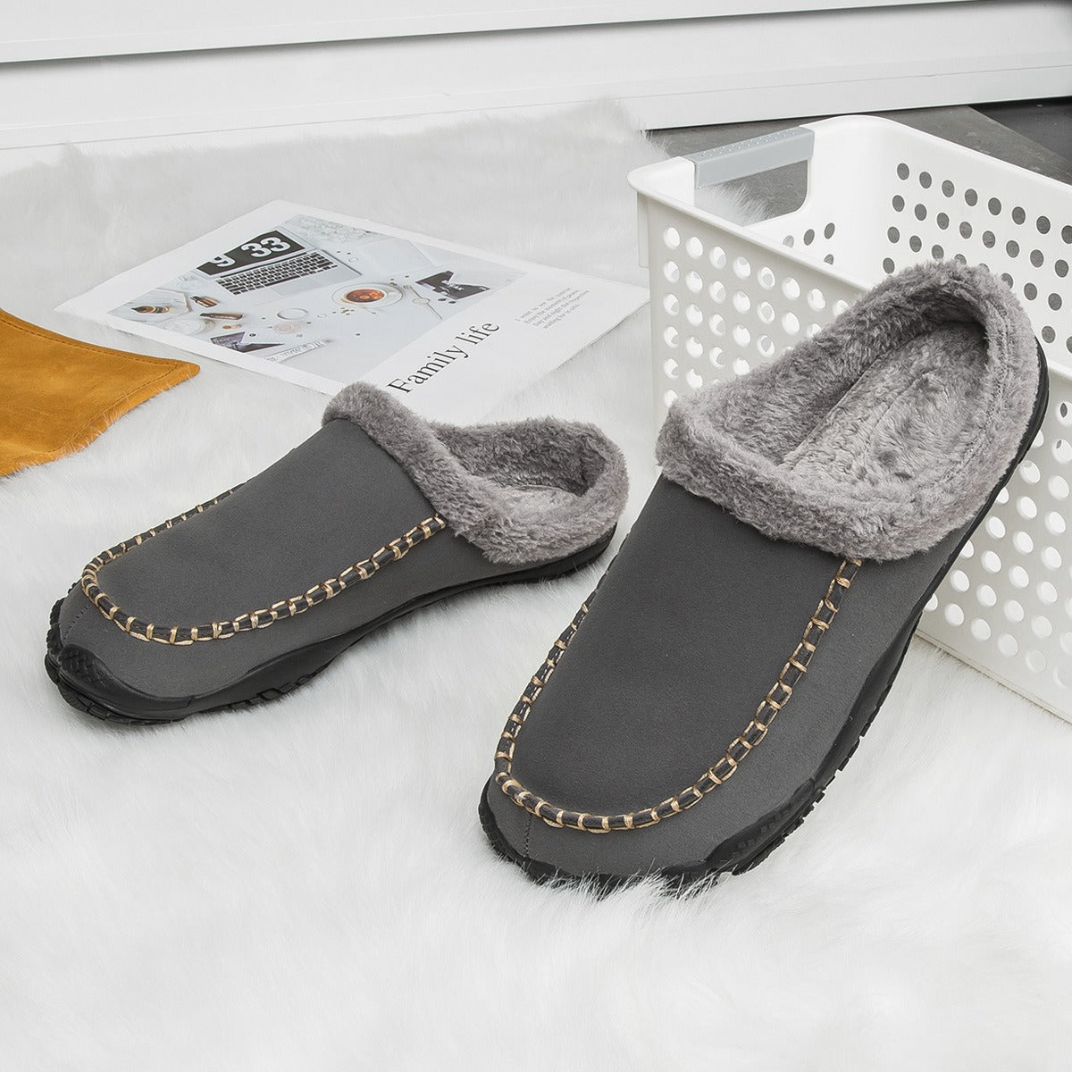 Cotton slippers for men in autumn and winter, indoor leisure, fitness, and sports shoes, anti slip, home warmth, and floor wool slippers