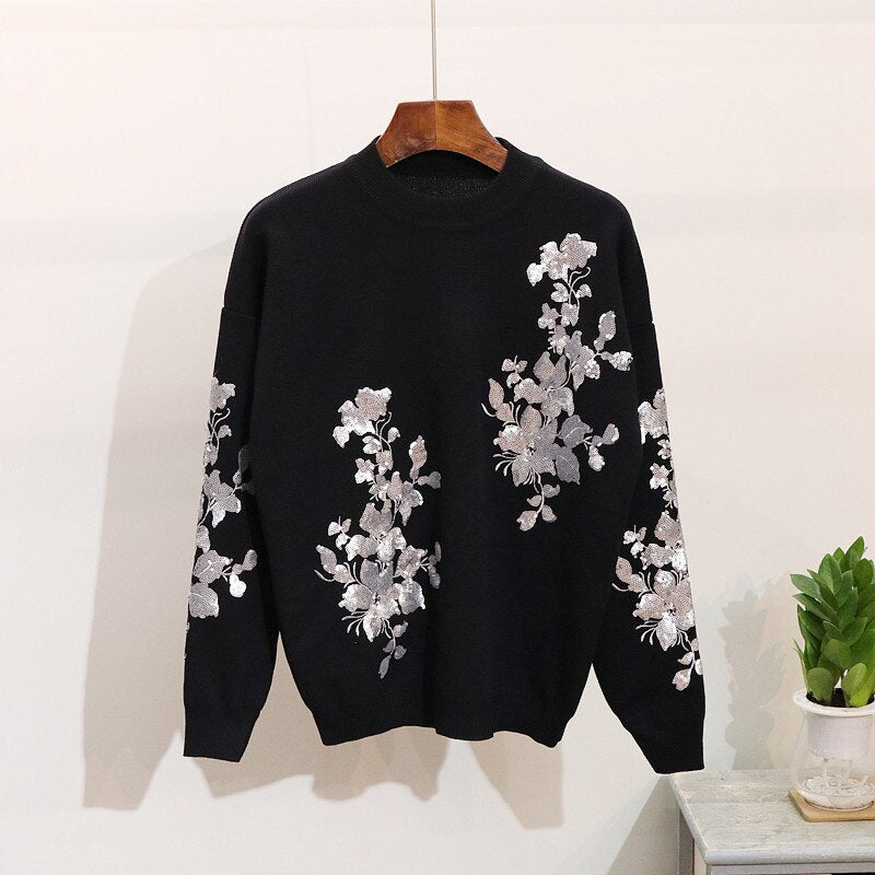 Autumn Women Sequins Flowers Sweater Set Long Sleeve Ladies Knit Pullover Tops + Trousers Winter Fashion Pants Female Tracksuit