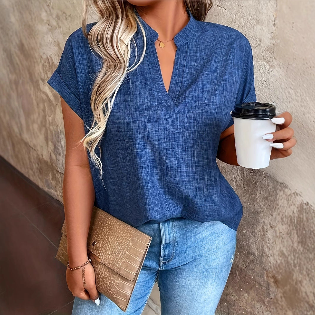 Women's Notched V-neck Batwing Sleeve Blouse Shirt