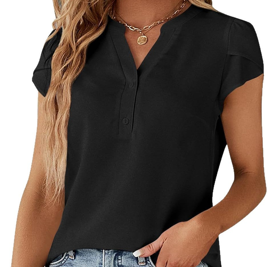 Womens SpringSummer Solid-Color V-Neck Button-Down Loose Short-Sleeve Chiffon Blouse