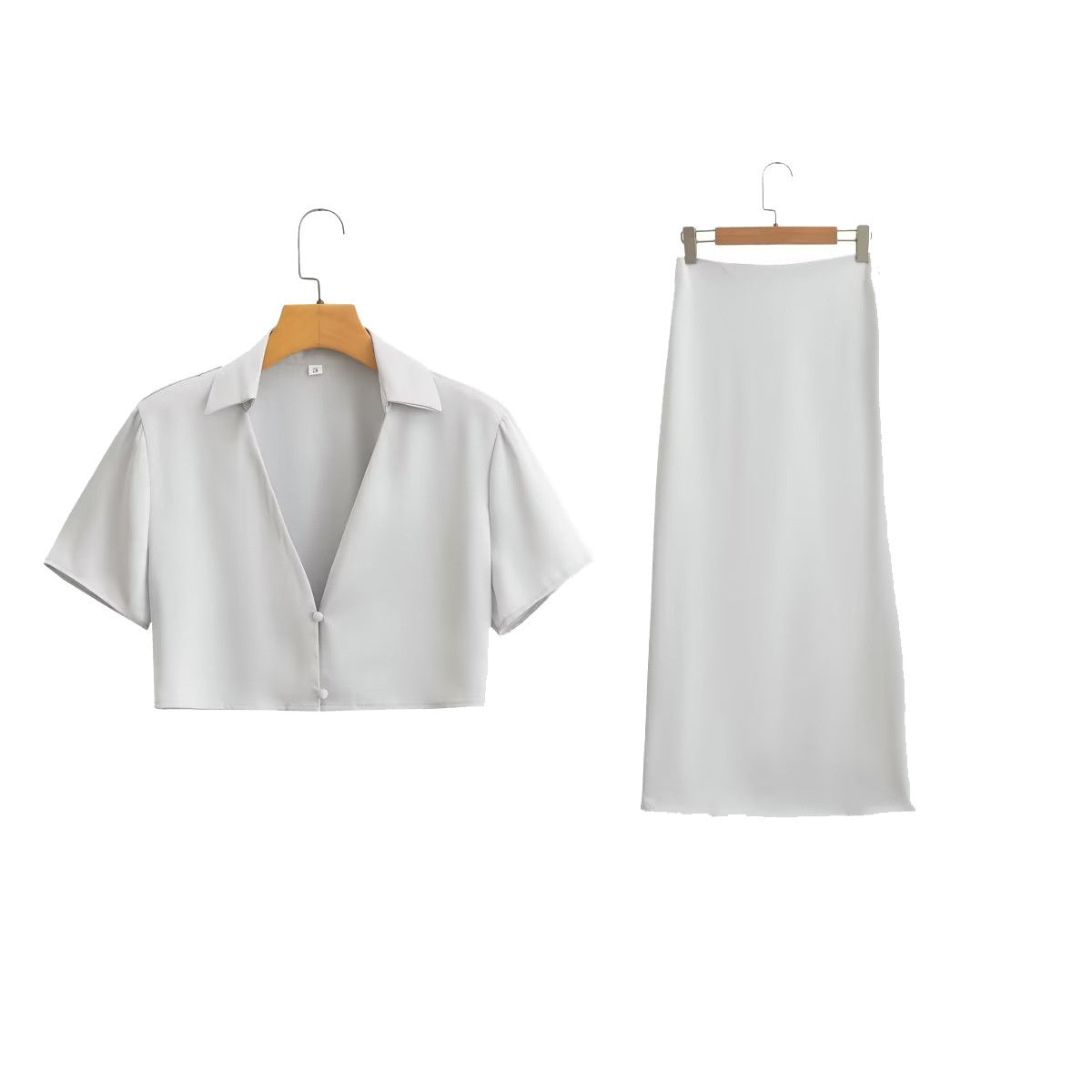 Women's New Silk Satin Short Sleeve Shirt Skirt Suit