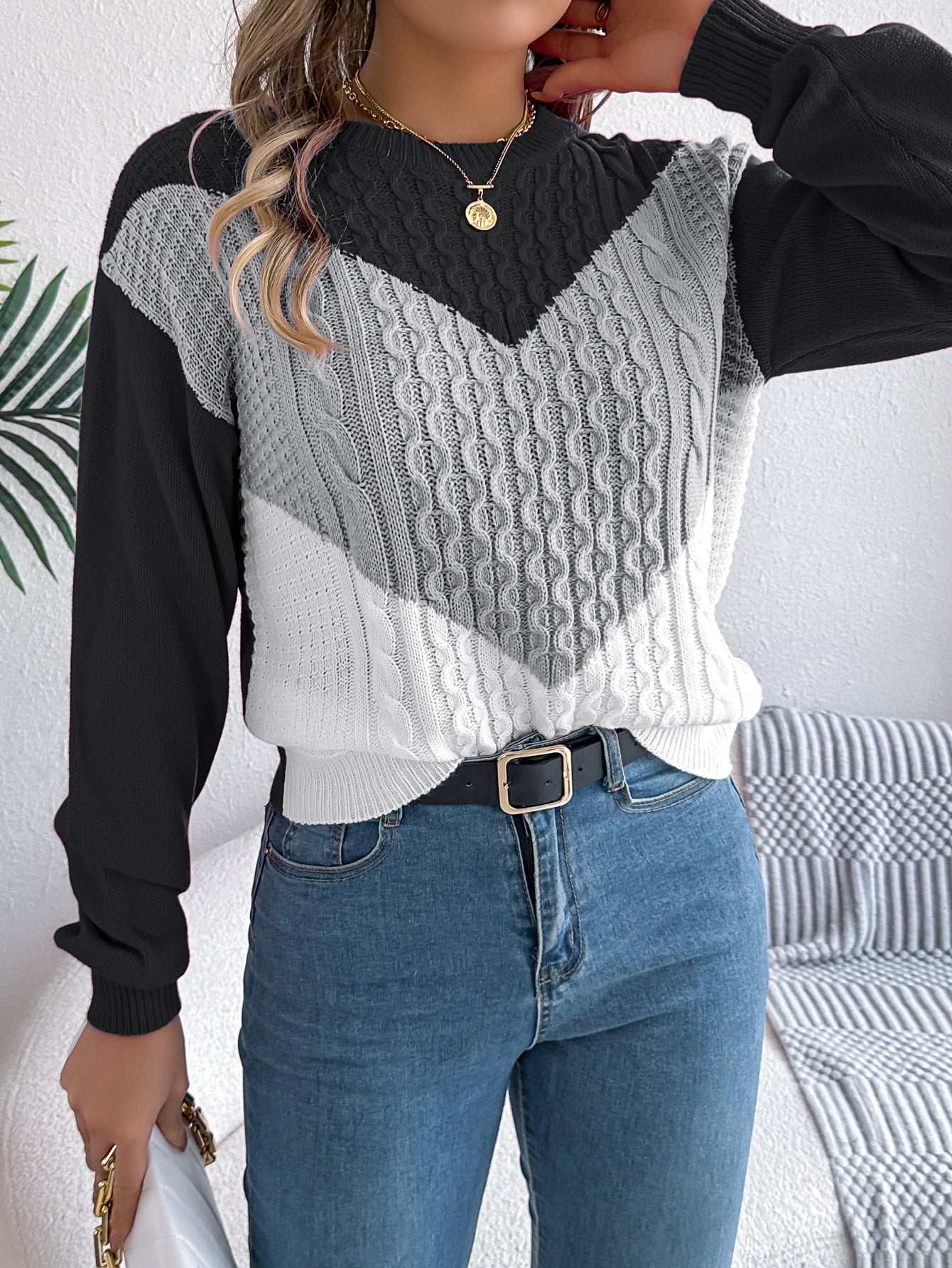 Women Casual Color Block Cable Knit Lantern Sleeve Pullover Sweater