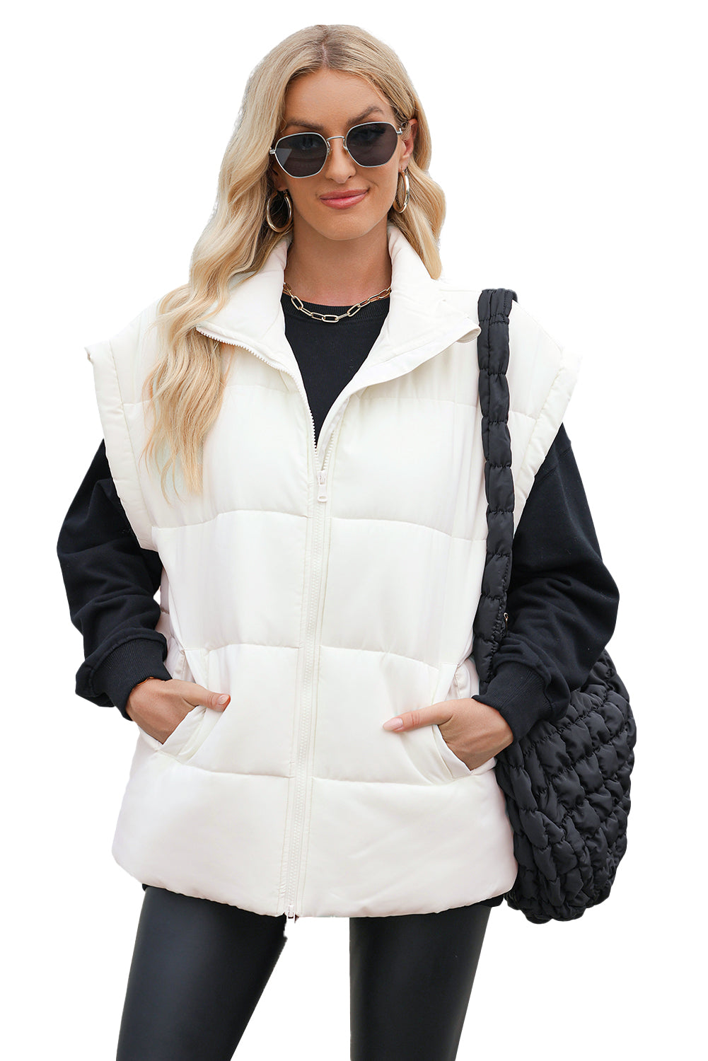 Black Solid Zipper Stand Neck Oversized Puffer Vest