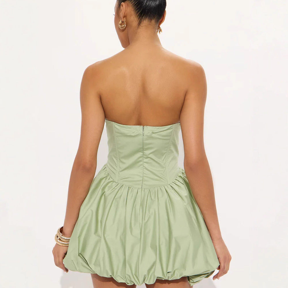 French Style Pure Design Sense Tube Top Cinched Waist Skirt