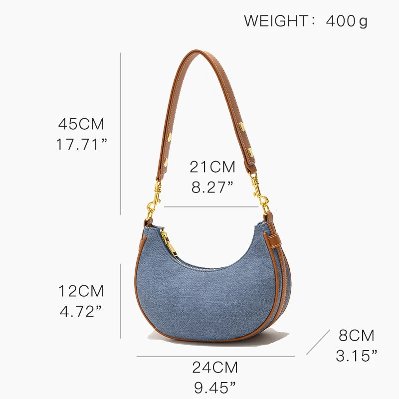 Denim Half Moon Women Hobo Shoulder Purses  Luxury Brand Leather Tote Handbag Vintage Sling Crossbody Bag