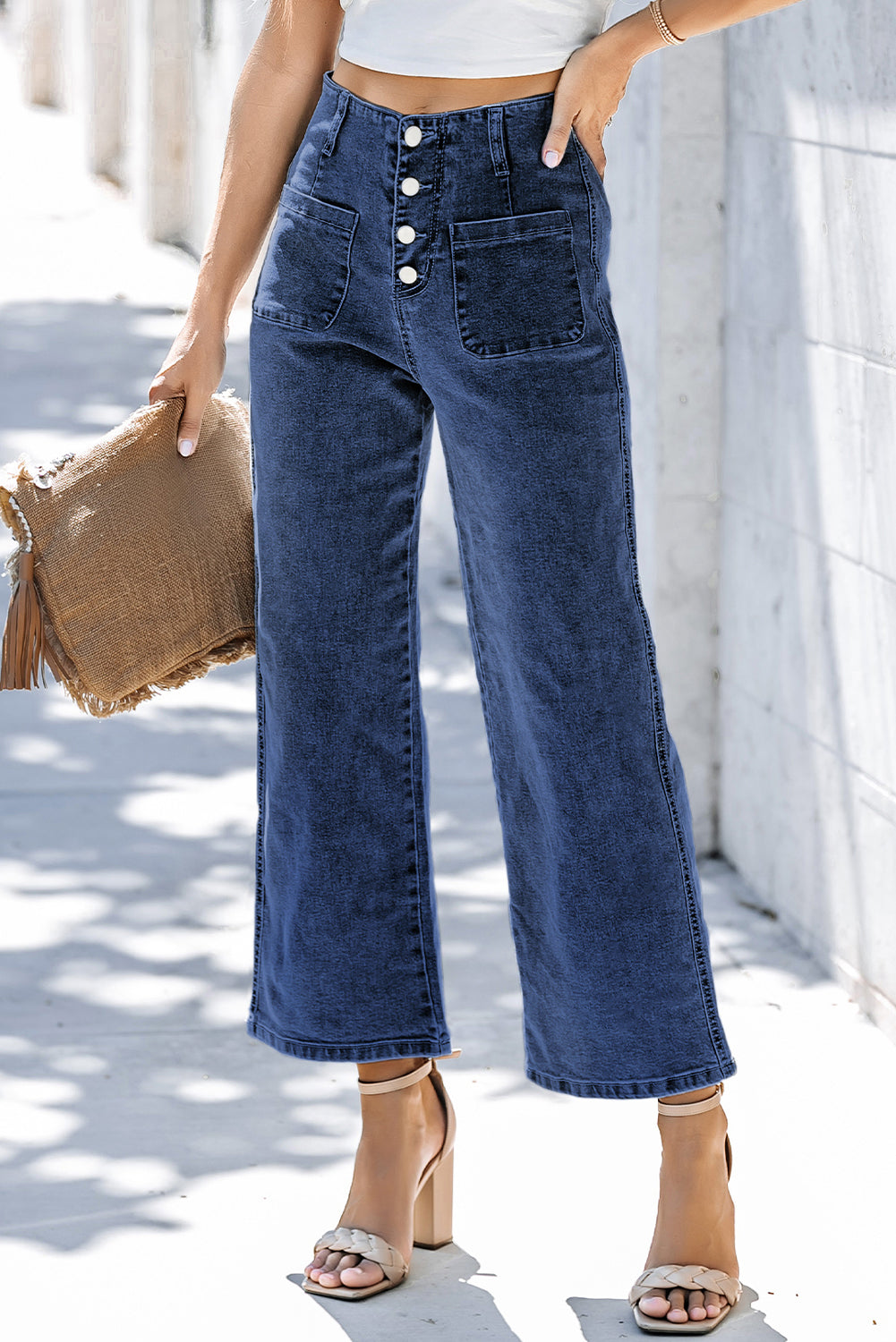 Gray High Waist Button Front Wide Leg Cropped Jeans