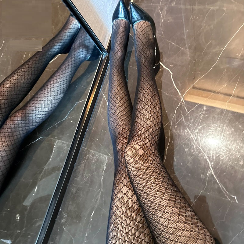 Japanese Rhombus Check Thin Black Silk Pantyhose