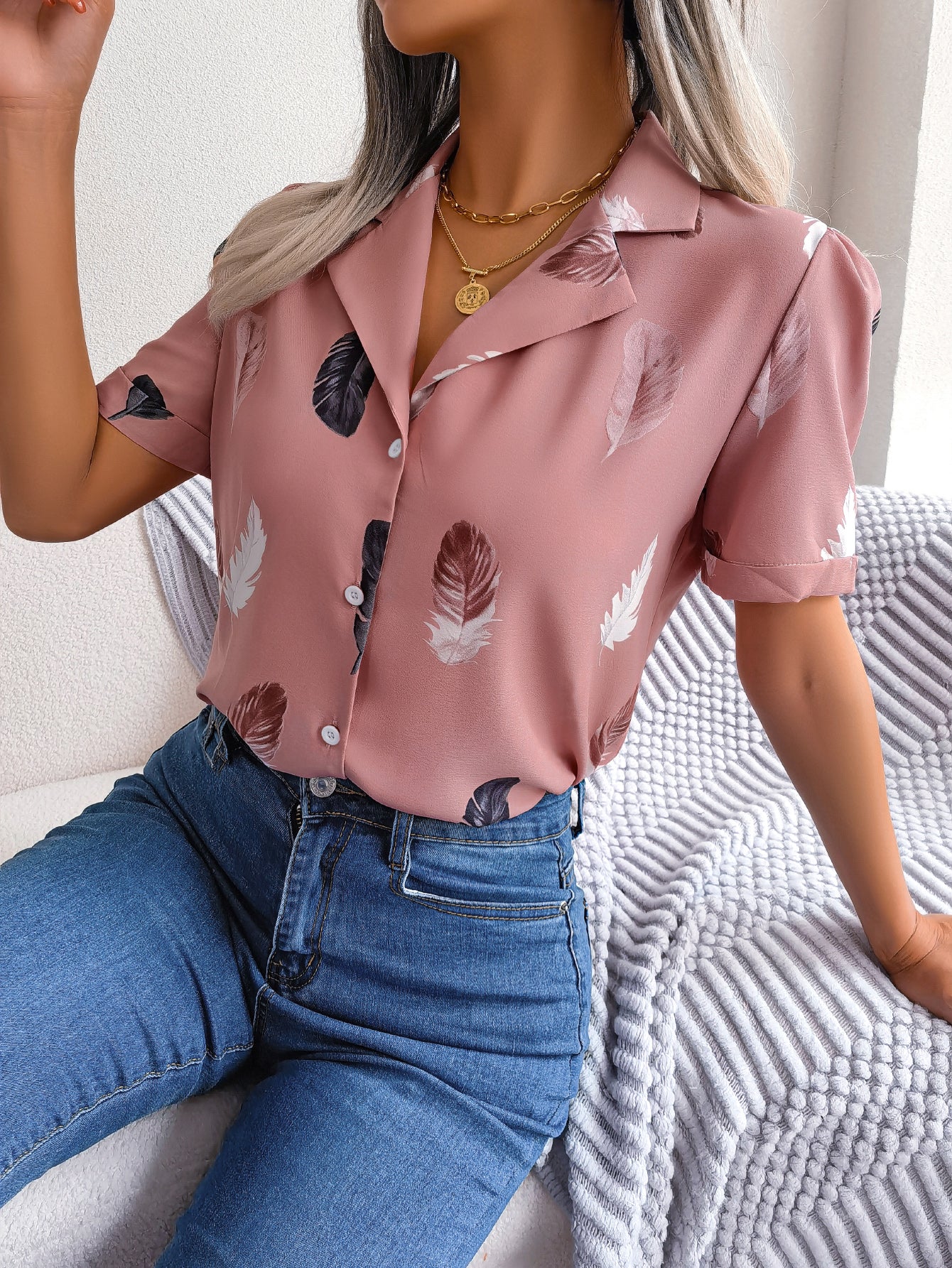 Women   Elegant Notched Lapel Feather Loose Short Sleeve Shirt