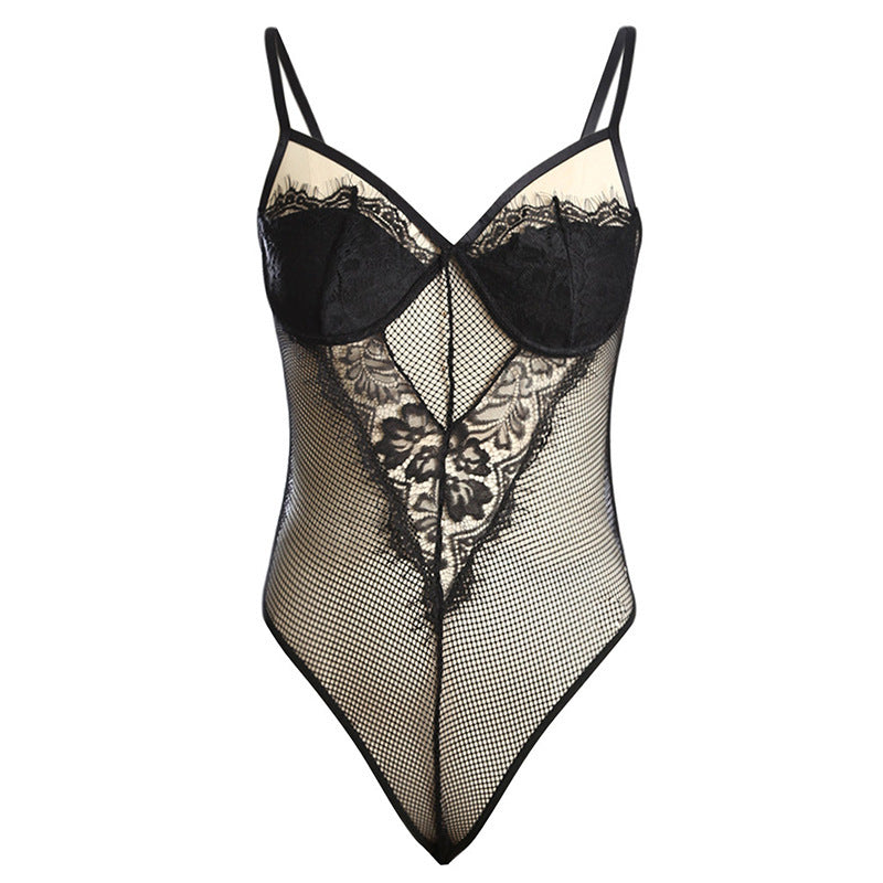 European and American sexy Sling lace One-piece Mesh Stitching Hollow Perspective Sexy Tights Women