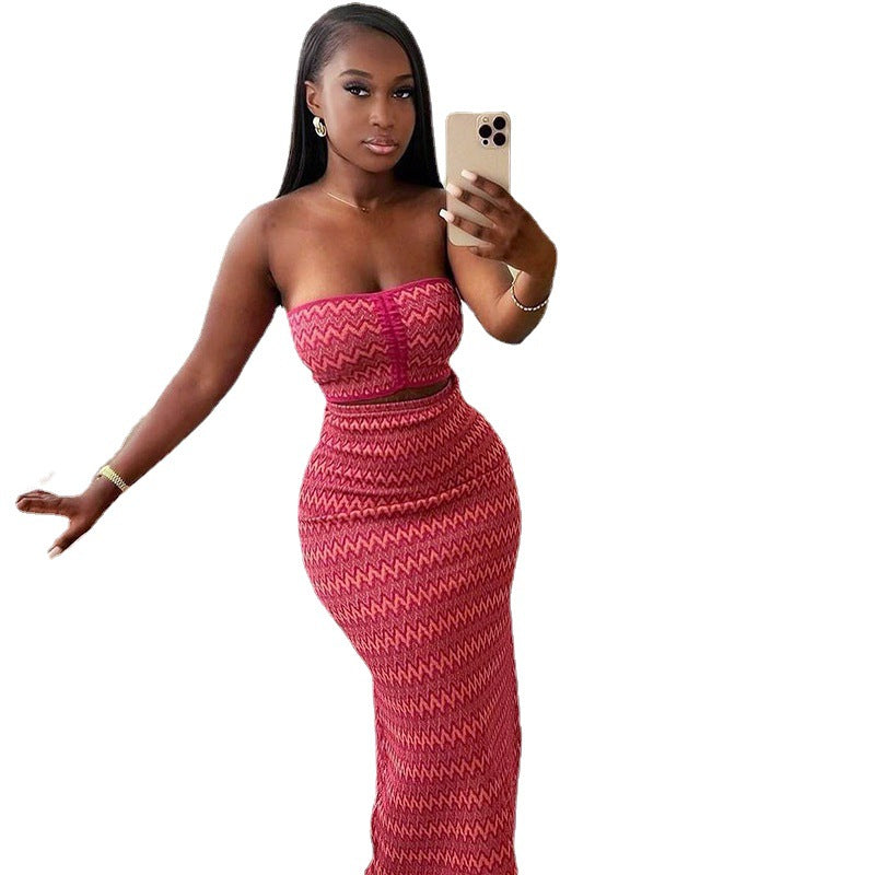 Women's Dress Suit Summer New Drawstring Tube Top Print Short Top High Waist Slim Skirt