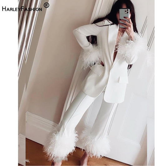 Autumn and Winter Color Tee Collar Splice Suit Coat Feather Decorative Straight Trousers Two Piece Set