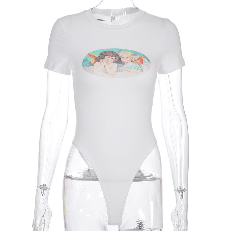 Sexy Angel Print Round Neck Tight Fashion Bodysuit