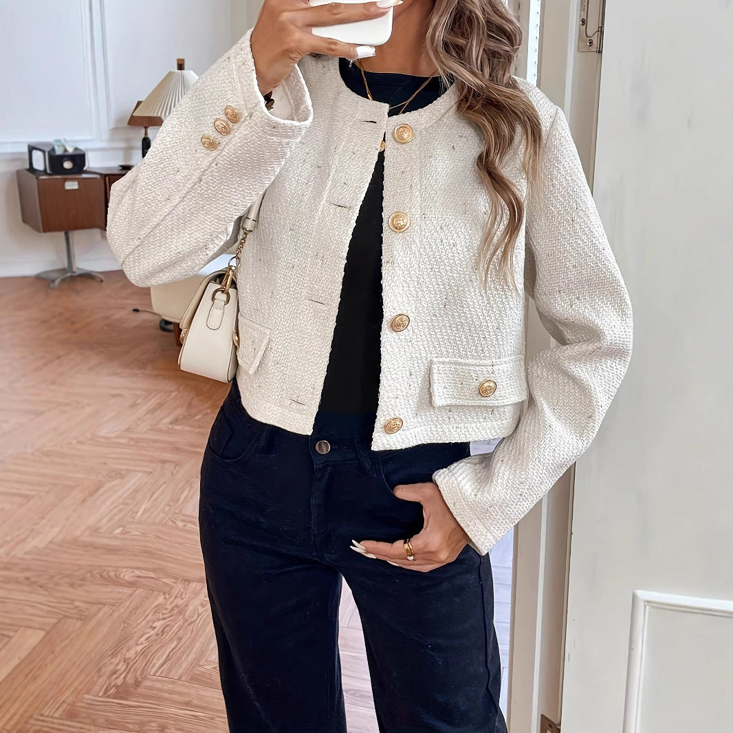 Milky White O-neck Short Slimming Elegant Lady Wool Coat