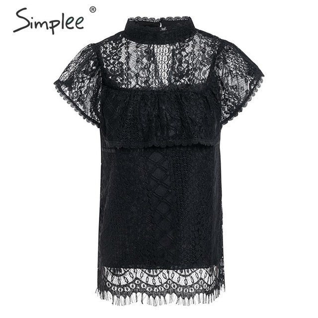 O neck lace hollow out women blouse shirt Embroidery ruffle lining elegant blouses female Summer party blouses and tops