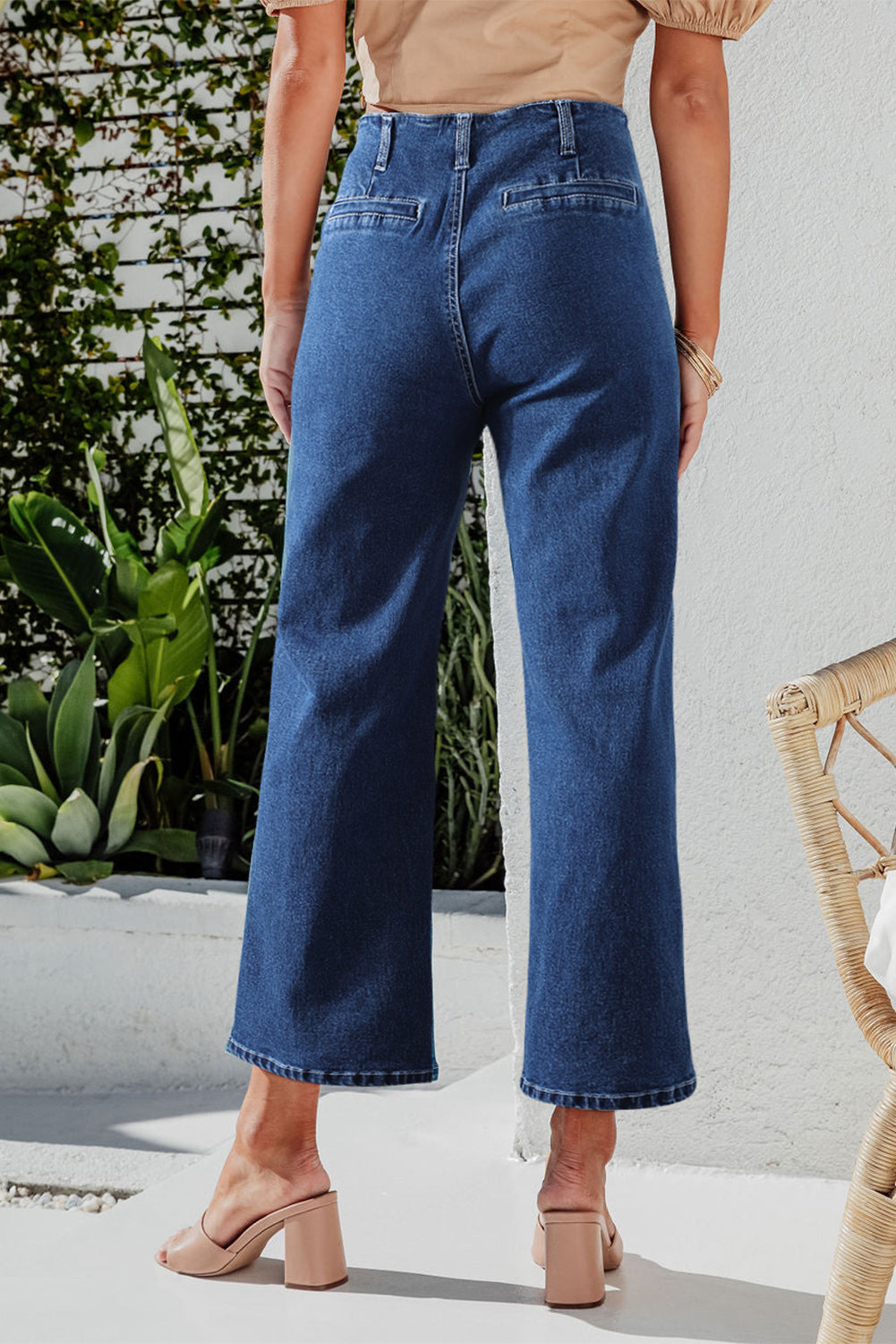 Gray High Waist Button Front Wide Leg Cropped Jeans