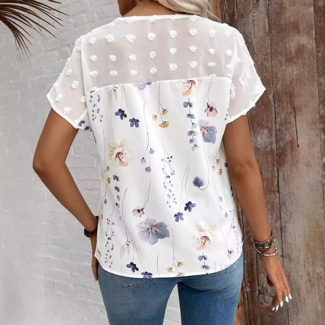 Fashionable New V-neck Printed Lace-panel Short-sleeve TopT-shirt