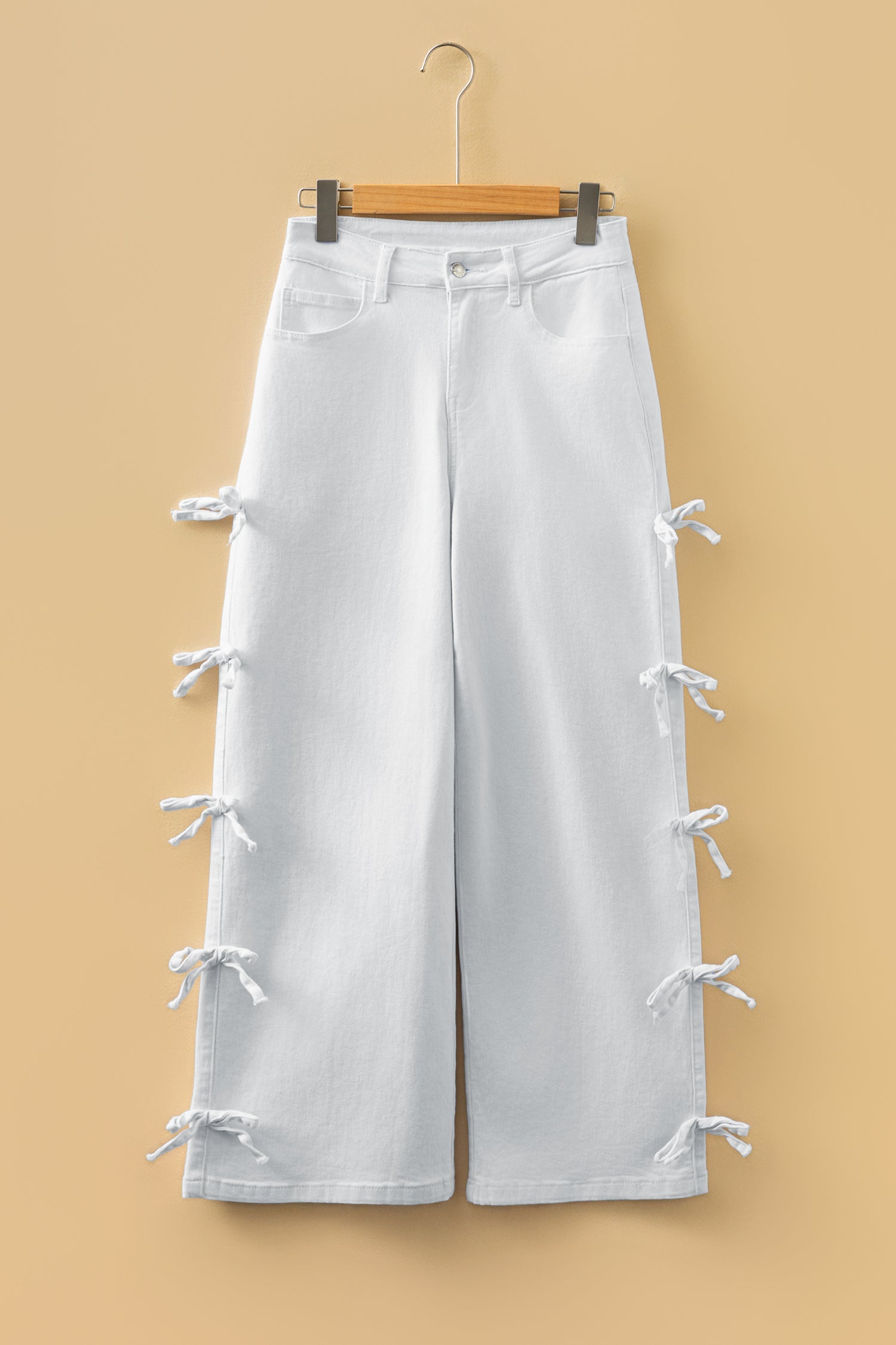 White Bow Knot Side Detail Straight Leg Loose Jeans