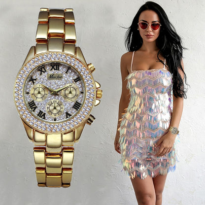 MISSFOX 1846, relojes para mujer, reloj de lujo para mujer, cronógrafo falso a la moda, números romanos, relojes de oro de 18K para mujer, reloj de pulsera de cuarzo 