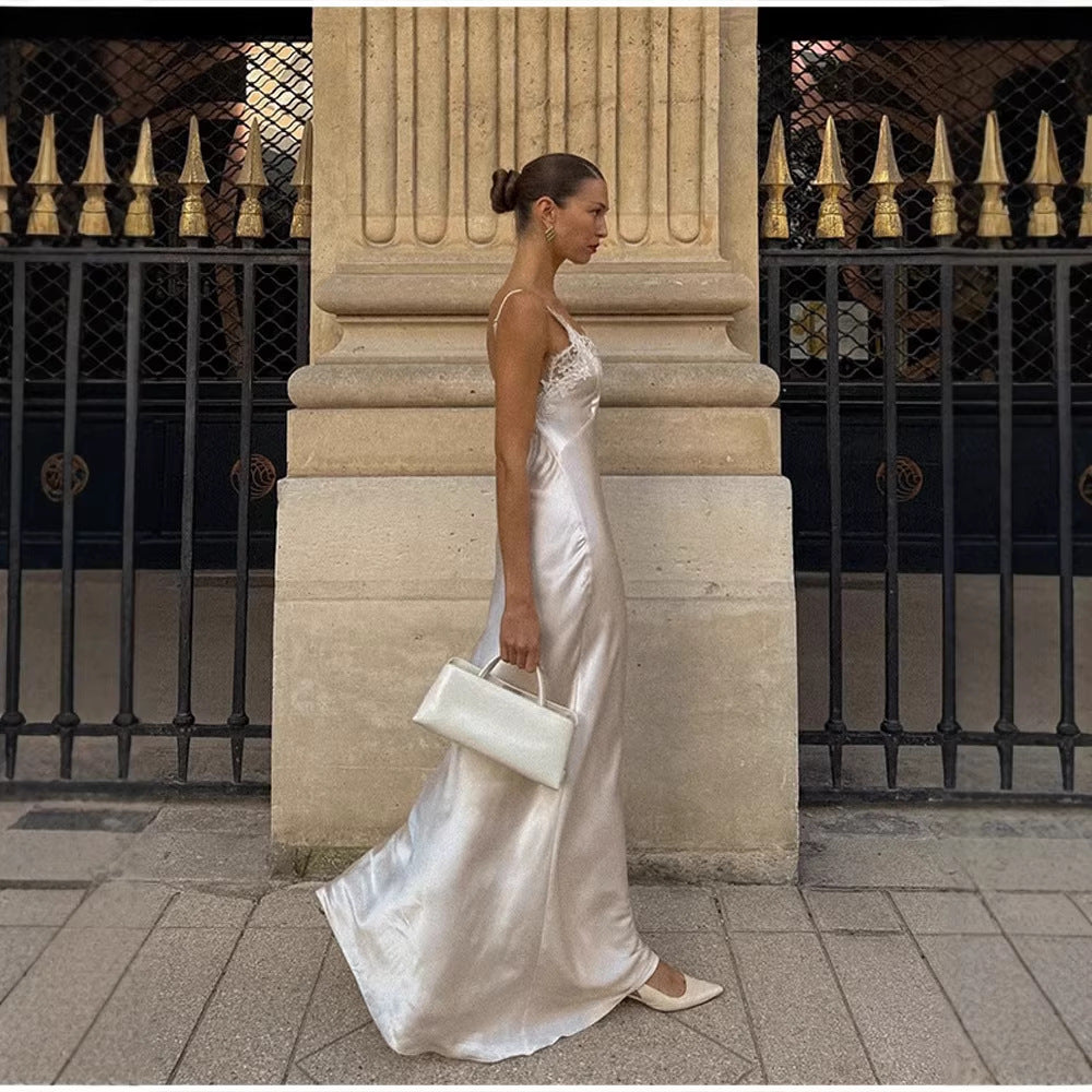 V-neck Lace-panel Long Satin Slip Dress