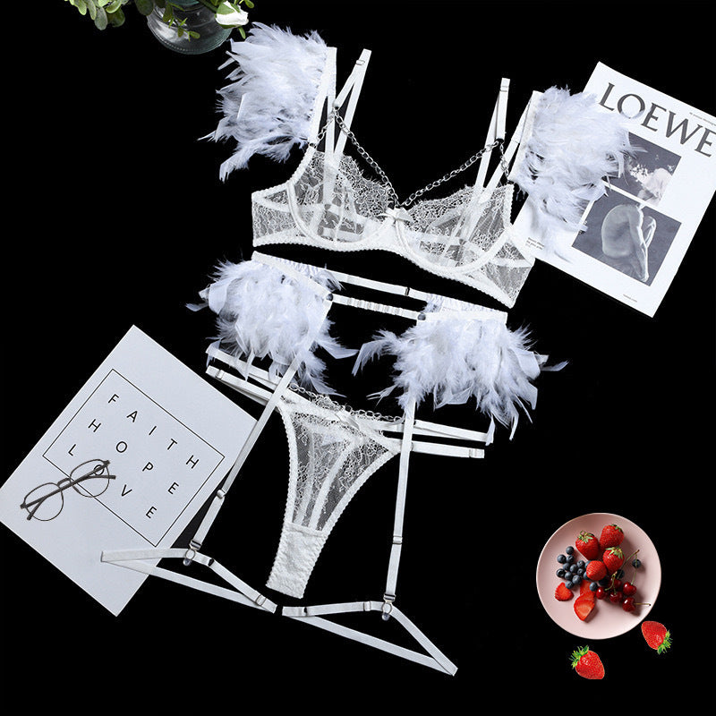 Sexy Lingerie Feather Lace Splicing Metal Chain Seductive Fitted Four-Piece Set