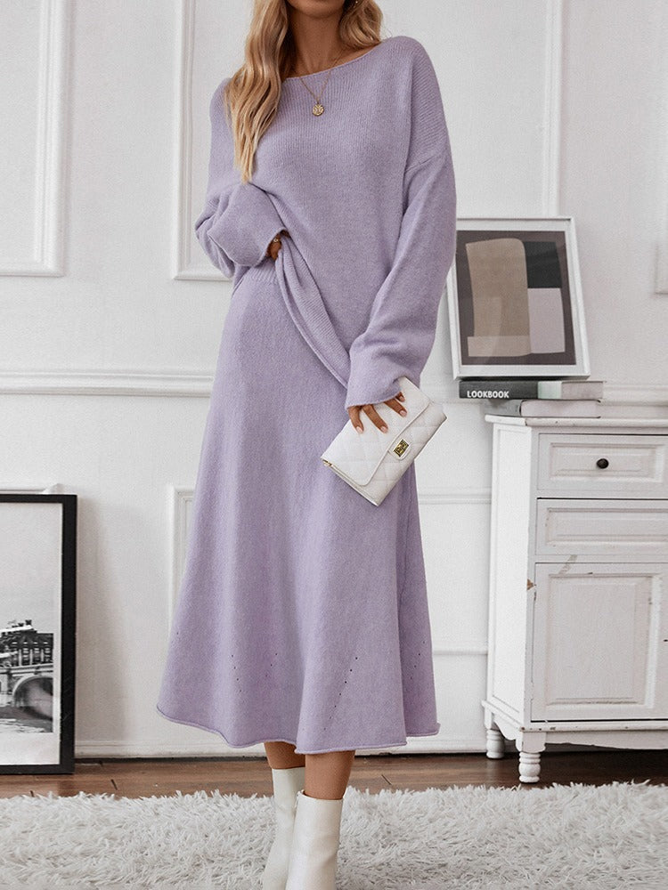 Knitted Sweater Skirts Suit Female Slash Neck Loose Long Sleeve Pullover And Elastic High Waist Fishtail Skirts