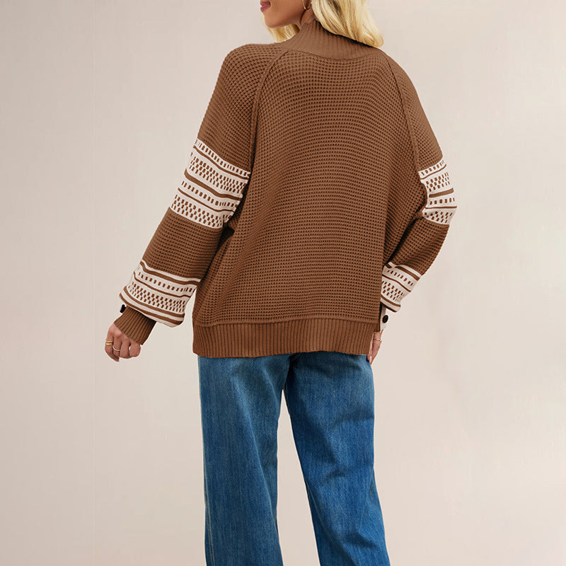 Fashionable Knitted Color-Block Mock-Neck Pullover Sweater