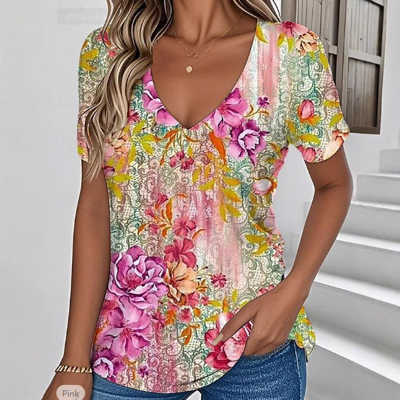 European American Summer New V-neck Floral Casual Short-sleeved Top