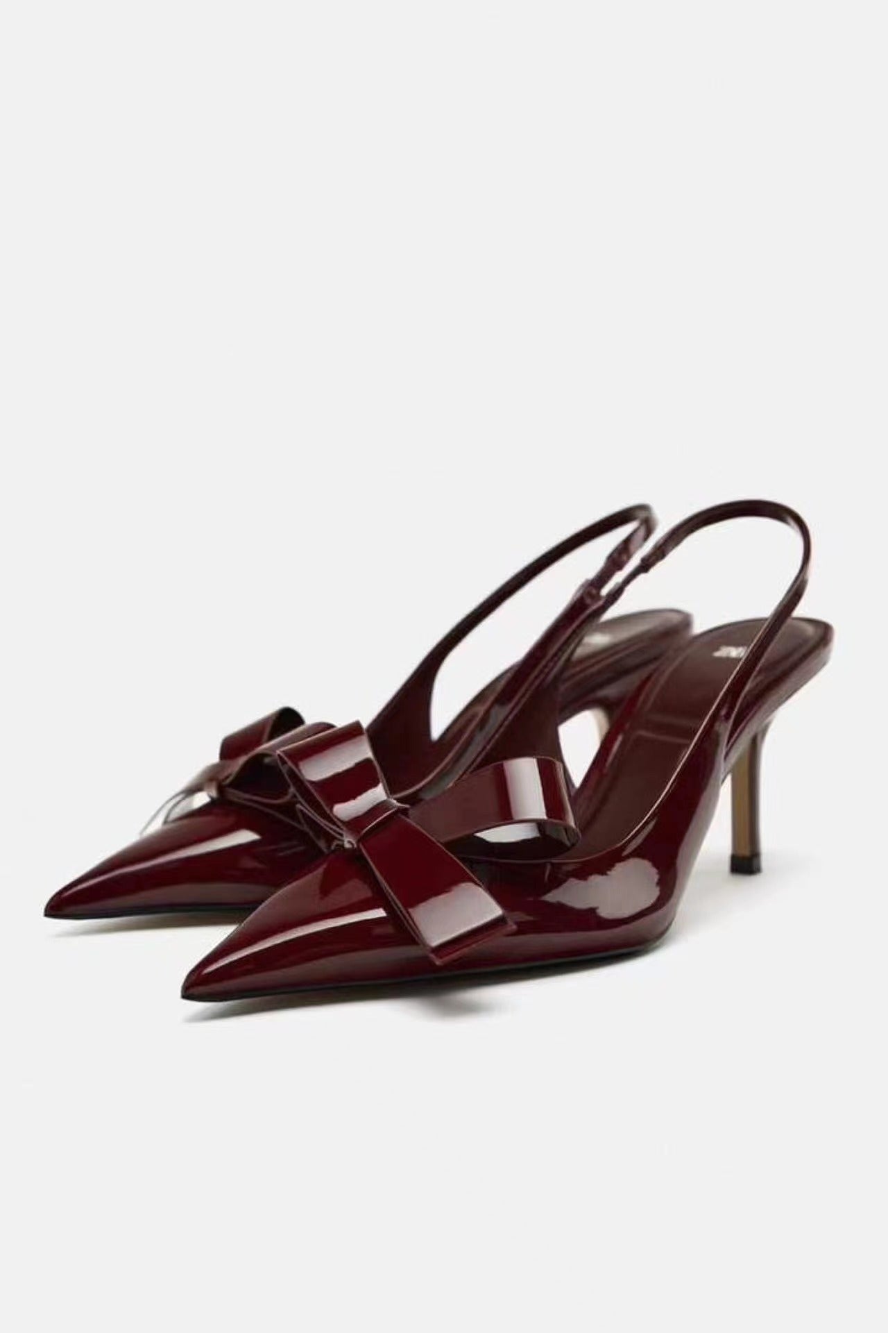 French pointed toe bow high heels burgundy shallow back strap stiletto elegant sandals