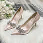 Wedding Crystal Bridal Shoes Champagne Silk Dress Bridesmaid Shoes White High Heels Slim Heels