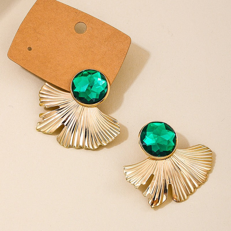 French style fashionable personality new earrings temperament fan-shaped emerald ball wear women's earrings