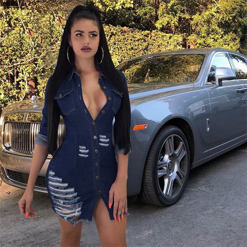 Women Sexy Holes Jeans Dress Buttons Up Turn Down Collar Long Sleeve Denim Mini Night Club Party Dresses