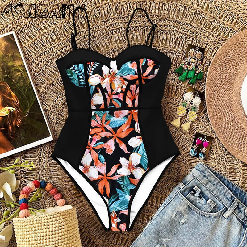 New Sexy One Piece Swimsuit Women Swimwear Cut Out Bathing Suit Summer Push Up Monokini Print Swim Suit  Beach Wear Female