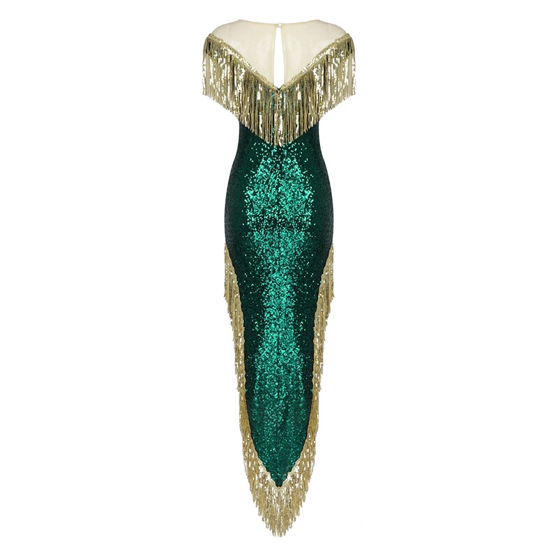 New Dark Green Sequin Temperament Tassel Long Skirt Evening Dress Party Slim Evening Dress