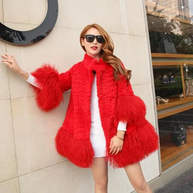 Europe and America women Mongolia Sheep fur sleeve and hem ladies loose outwear Genuine fur coat fashion New fur jacket