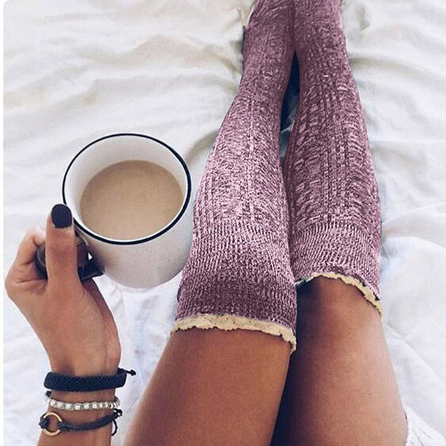 Fashion Ladies Knee High Lace Socks Women Over Knee Socks Thigh High Thick Lovely Girl Knitting Long Stockings