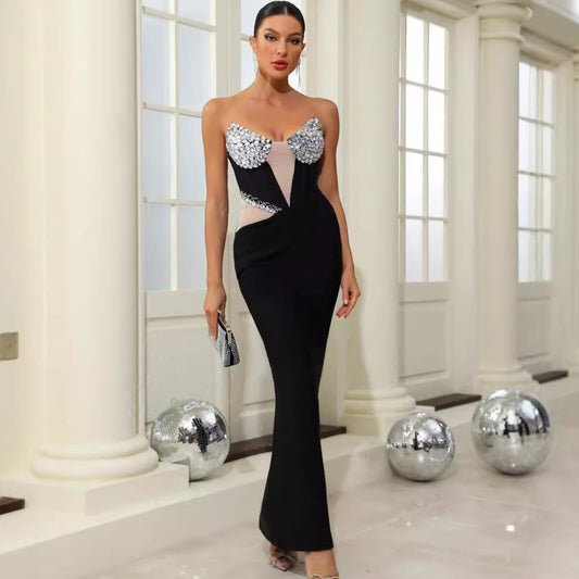 Fashionable sexy V-neck diamond chest cup mesh backless bandage dress high elastic evening dress