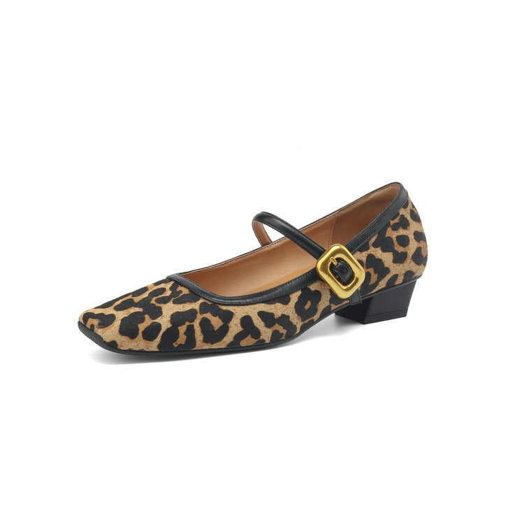 Retro Square Toe Strap Mary Jane Shoes Women's French Horsehair Genuine Leather Leopard Print Shoes